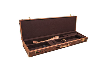 luxury brown leather case with gold-plated combination locks for arms isolated on white