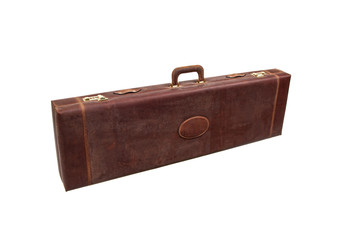 luxury brown leather case with gold-plated combination locks for arms isolated on white