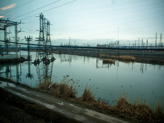 industrial landscape through the train window in New Jersey near New York City