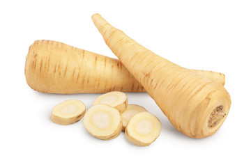 Parsnip root and slices isolated on white background with clipping path