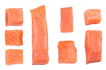 Slice of red fish salmon isolated on white background. Top view. Flat lay