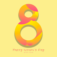 Naklejka na ściany i meble March 8 symbol in paper cut style with shadow. International Women's Day multicolored in yellow shades background. Vector illustration. Place for text. Greeting card, flyer or brochure template.