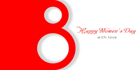 March 8 symbol in paper cut style with shadow. International Women's Day red background. Vector illustration. Place for text. Greeting card, flyer or brochure template.