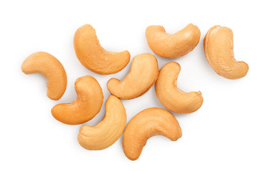 Roasted Cashew nuts isolated on white background with clipping path and full depth of field. Top view. Flat lay