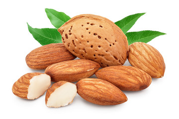 Almonds nuts with leaves isolated on white background with clipping path and full depth of field.