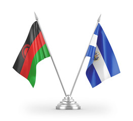 El Salvador and Malawi table flags isolated on white 3D rendering