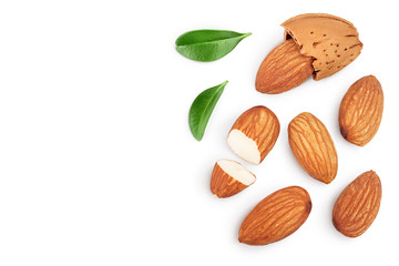 Almonds nuts with leaves isolated on white background with clipping path and full depth of field. Top view with copy space for your text. Flat lay