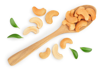 Roasted Cashew nuts in wooden spoon isolated on white background with clipping path and full depth of field. Top view. Flat lay