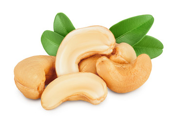 Roasted Cashew nuts with leaf isolated on white background with clipping path and full depth of field.
