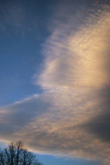 View of cirrus clouds on blue sky background by sunset