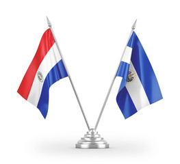 El Salvador and Paraguay table flags isolated on white 3D rendering
