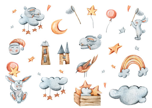 Watercolor cute cartoon bunnies, bird, stars, moon, clouds, rainbow. Fairytale Illustration on white background,perfect for pattern,kid's print, fabric, greeting card, wedding invitation, scrapbooking