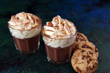 hot chocolate with cocoa and chocolate chip cookies and whipped cream