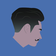 Male head on the side. Man head silhouette. Man with mustache. Flat colored illustration.