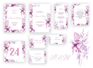 Botanical wedding invitation card template design, pink flowers and butterfly on white background, vintage style. Wedding invitation templates. Banners decoration, romantic watercolor objects