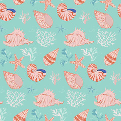 Hand drawn vector underwater ocean life. Corals and seashells seamless pattern.