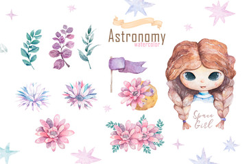 Girls flower wreaths. Watercolor elegant beautiful young woman portrait with stylish pretty flowers wreath set isolated on white background