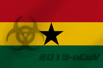 3D ILLUSTRATION VIRUS, BIOHAZARD SYMBOL CORONAVIRUS WITH Ghana FLAG, Flu coronavirus floating, micro view, pandemic virus infection, asian flu.