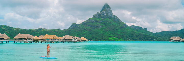 Tahiti luxury resort vacation in Bora Bora island, French Polynesia summer travel header landscape....