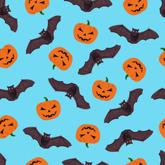 Halloween pattern with pumpkin and bats. Halloween background with pumpkin and bats. Seamless pattern design