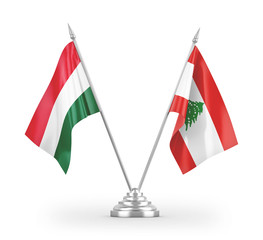 Lebanon and Hungary table flags isolated on white 3D rendering