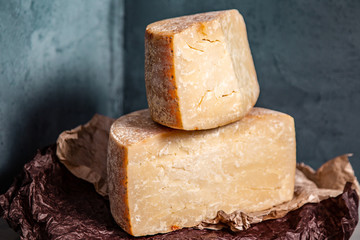 Big yellow part of goat cheese heads on a blue background
