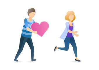 Chasing after love. Mad man in love with a woman running away. Wedding stress concept. Separation and harassment. Vector flat illustration concept on white background.
