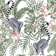 Foto op Plexiglas Tropische print Tropische vintage dierlijke lemur, plumeria hibiscus bloem, palmbladeren, bananenbladeren naadloze bloemmotief witte achtergrond. Exotisch junglebehang.