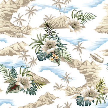 Tropical vintage botanical island, palm tree, mountain, boat, palm leaves, lotus flower summer floral seamless pattern white background.Exotic jungle wallpaper.