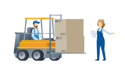 Woman character checking loading and shipment. Forklift truck with worker. Logistic transport service. Vector flat illustration concept on white background.