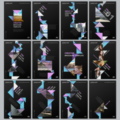 Creative brochure templates with colorful triangle origami paper elements on black background. Covers design templates for flyer, leaflet, brochure, report, presentation, advertising, magazine.