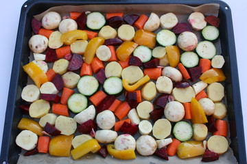 Hintergrund Ofengemüse. Backofengemüse.