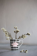 Dried white flowers in a black and white cup on a gray background. Cup with the inscription - Home sweet home