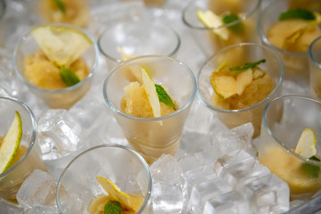 dessert with fruits sorbets on ice