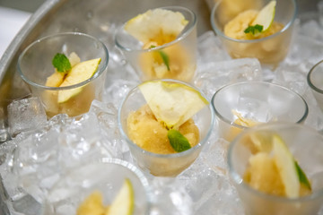 dessert with fruits sorbets on ice