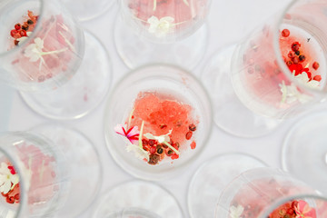 glasses with watermelon red peppercorns and flowers