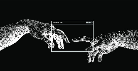 The Creation of AI, the hands going to touch together look like the Michelangelo's art work. Cyberpunk/ vaporwave style art collage. - obrazy, fototapety, plakaty