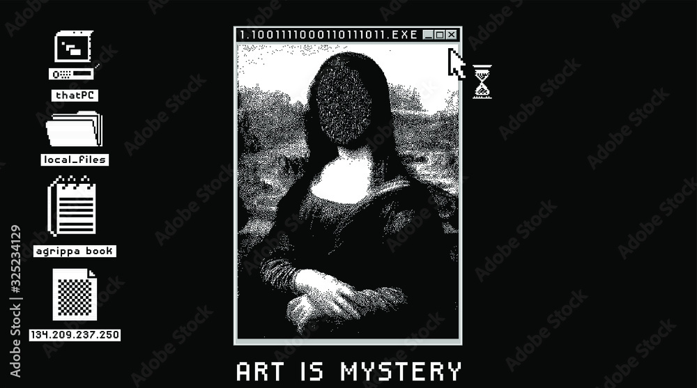 Poster glitched screen with stylized 1-bit image of renaissance painting.