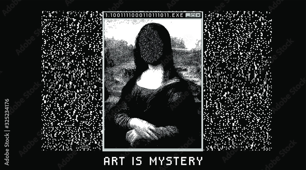 Poster glitched screen with stylized 1-bit image of renaissance painting.