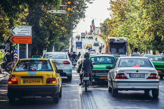 Tehran, Iran - October 16, 2016: Vehicles on a street in Tehran during morning rush hours