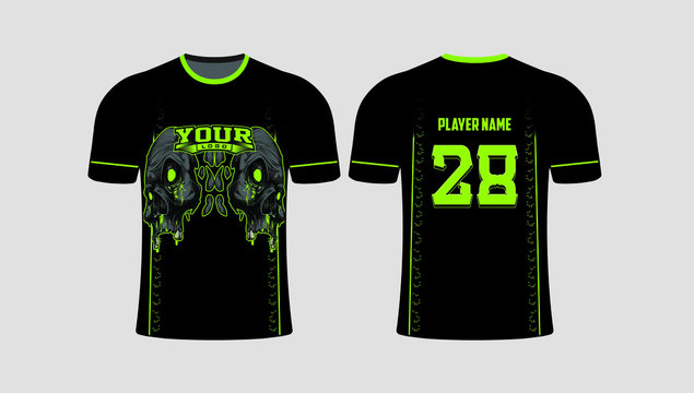 Full black body with lime color pattern and a skully logo on front wild edgy design shirt