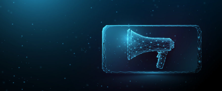 Business media advertising or digital internet marketing icon. Smartphone with megaphone. Lines, triangles and particle style design