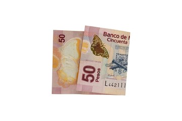 A single middle folded 50 mexican peso bill isolated on white background