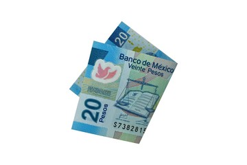 A single middle folded 20 mexican peso bill isolated on white background