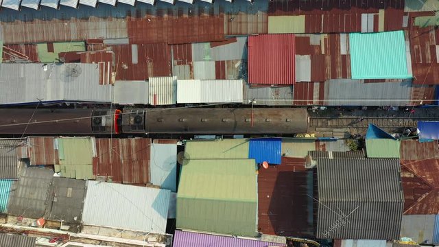 Aerial view of famous open air railway markets at Maeklong in Samutsongkram Province, Thailand.