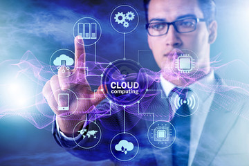 Cloud computing concept with woman pressing buttons