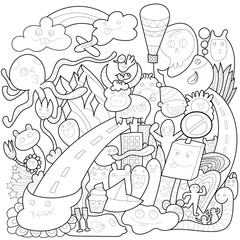 Hand-drawn illustrations, monsters doodle, Cartoon crowd doodle hand-drawn pattern,Doodle style. 
