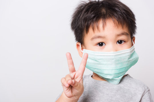 Closeup Asian Face, Little Children Boy Sick He Using Medicine Healthcare Mask