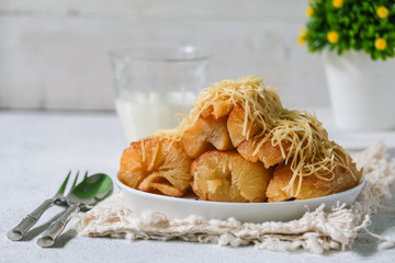Deep fried cassava root. Brazilian Mandioca Frita (deep fried cassava/ manioc/yuca). Feijoada side dish