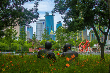 Shanghai, China Park City Flowers Skyline